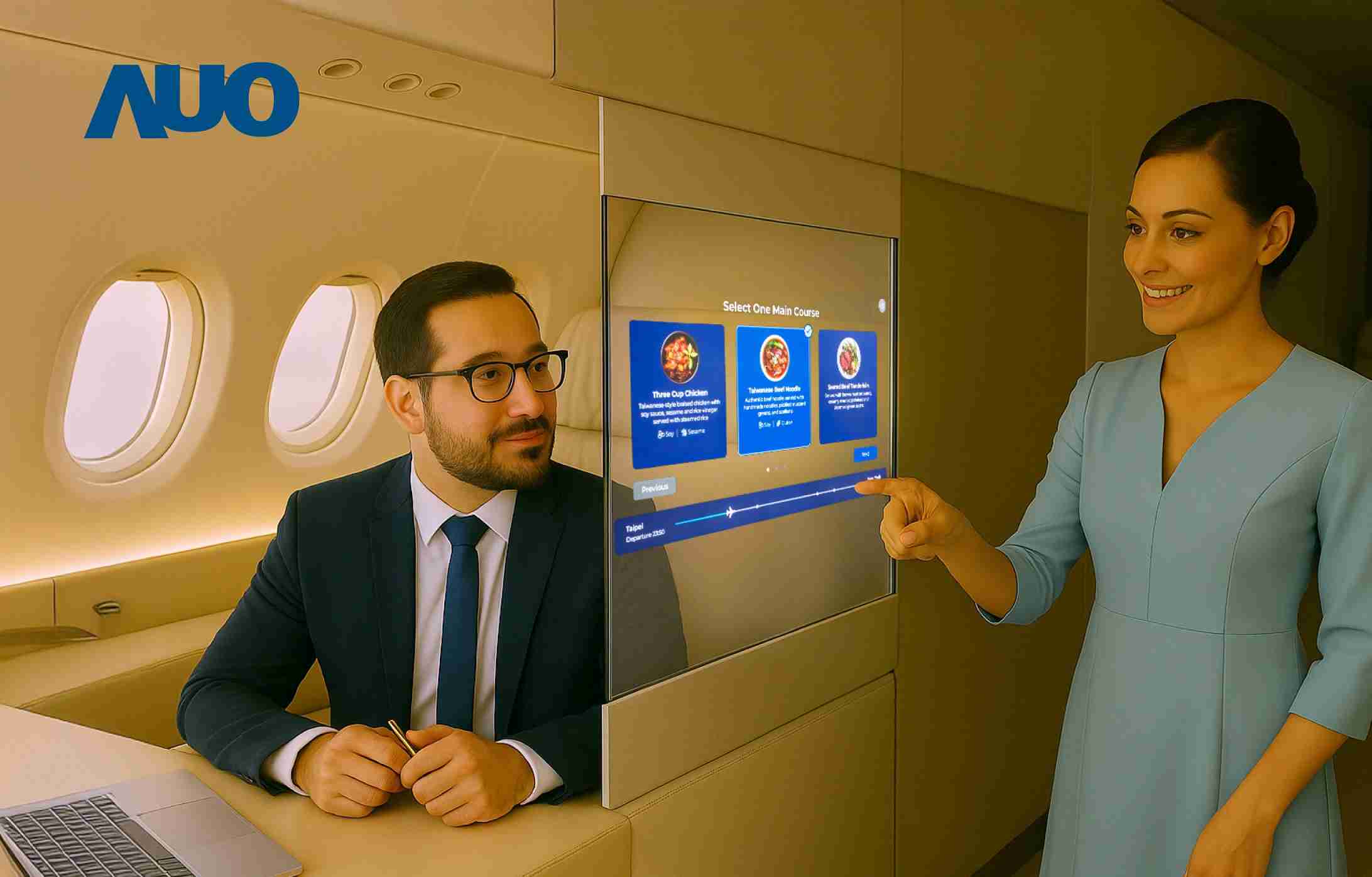 z6尊龙研发全球最薄17.3 吋双面透明 Micro LED 显示器，，可在同一屏幕之双边投射不同信息，，，创造独特的”透明化”互动；图为实时翻译交流应用情境